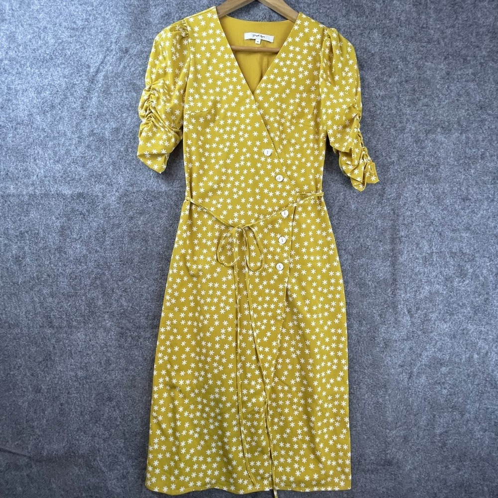Simple Retro Tea Dress Womens XS Mustard Yellow Lily Cottage Stars Ruched Sleeve